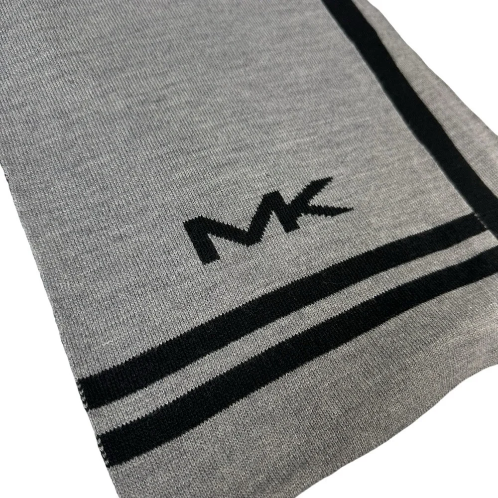 Michael Kors Big MK Bottom Stripe Knit Muffler Scarf, Gray with Black